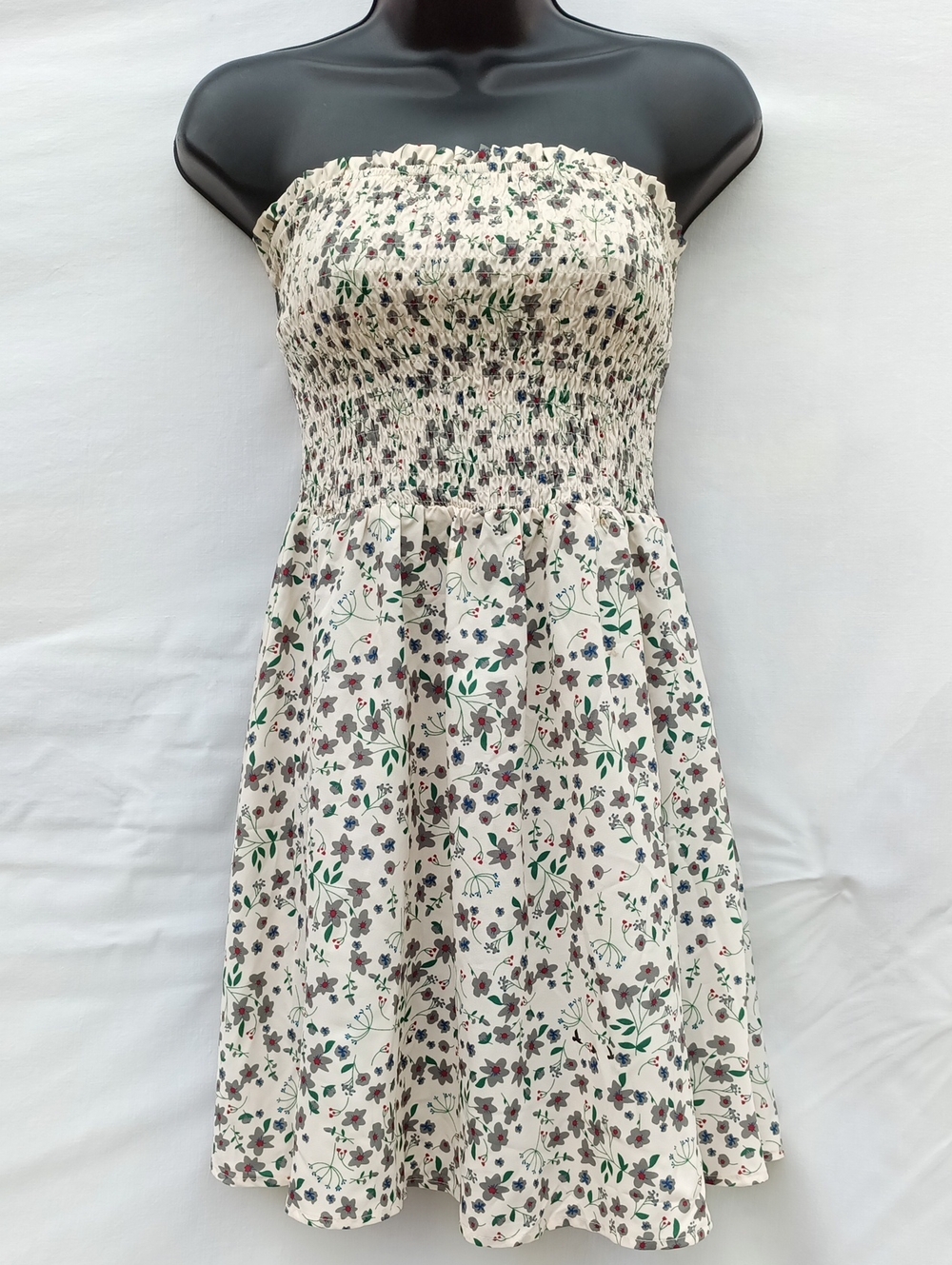 Smocked Strapless Floral Summer Dress - Cream